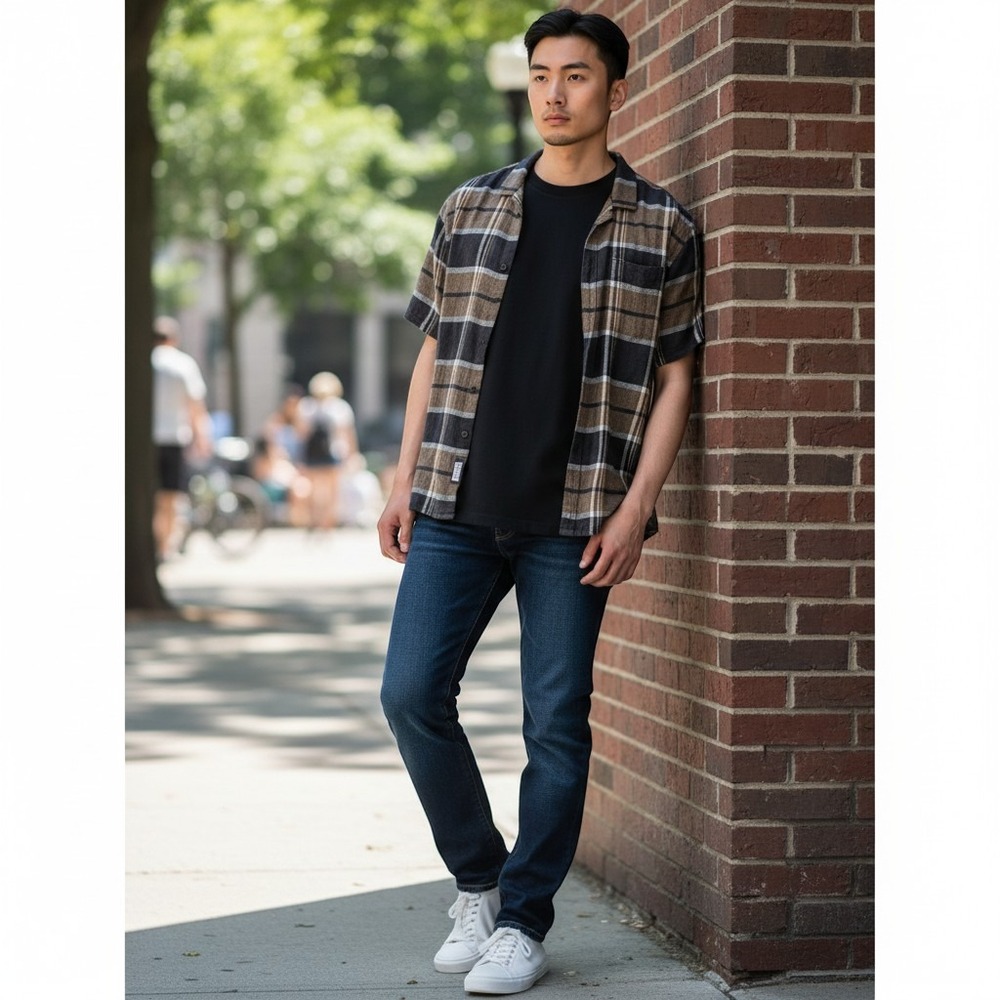 Hollister Mens XXL Plaid Shirt Brown Black Button Up‎ Short Sleeve Casual Work